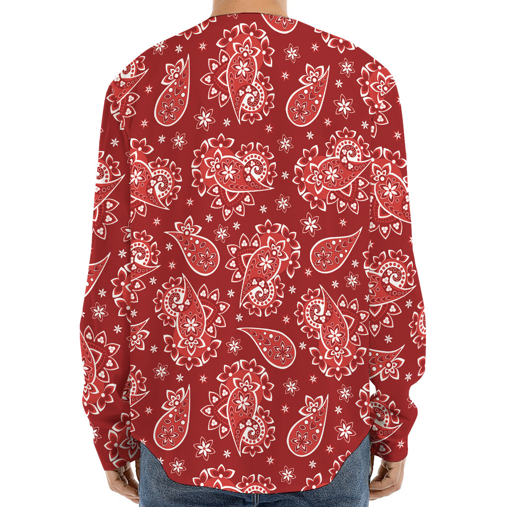 Red Paisley Pattern Print Long Sleeve Baseball Jersey