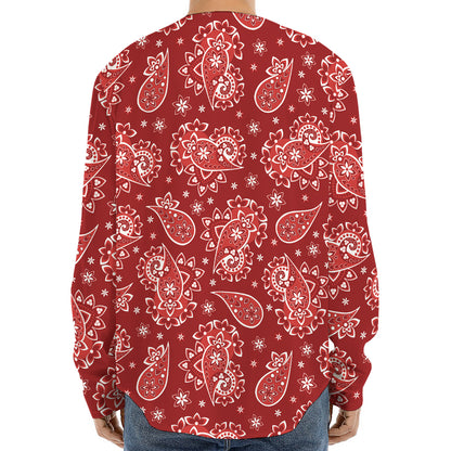 Red Paisley Pattern Print Long Sleeve Baseball Jersey