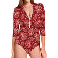 Red Paisley Pattern Print Long Sleeve Swimsuit