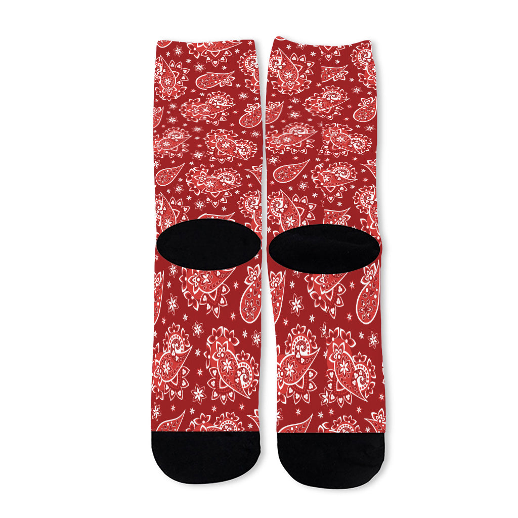 Red Paisley Pattern Print Long Socks