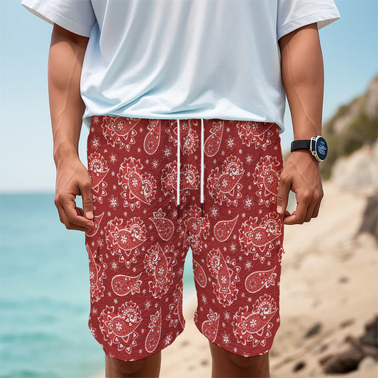 Red Paisley Pattern Print Men's Cargo Shorts