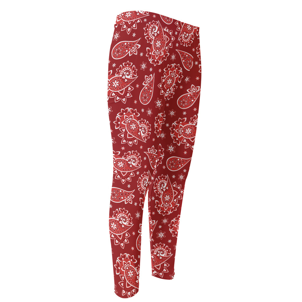 Red Paisley Pattern Print Men's Compression Pants