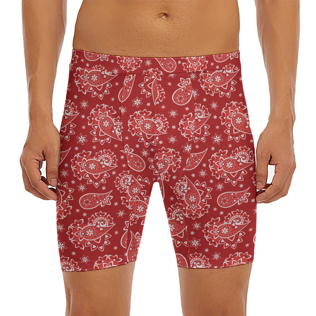 Red Paisley Pattern Print Men's Long Boxer Briefs