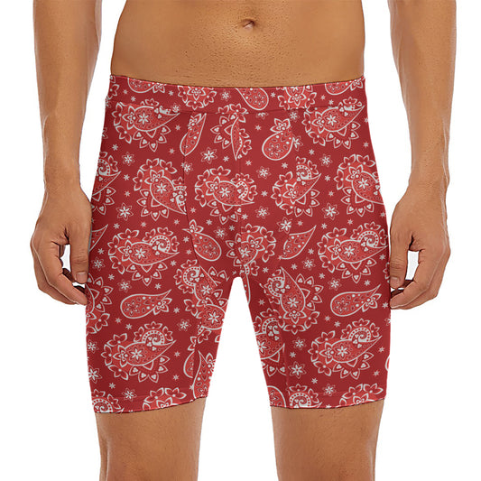 Red Paisley Pattern Print Men's Long Boxer Briefs