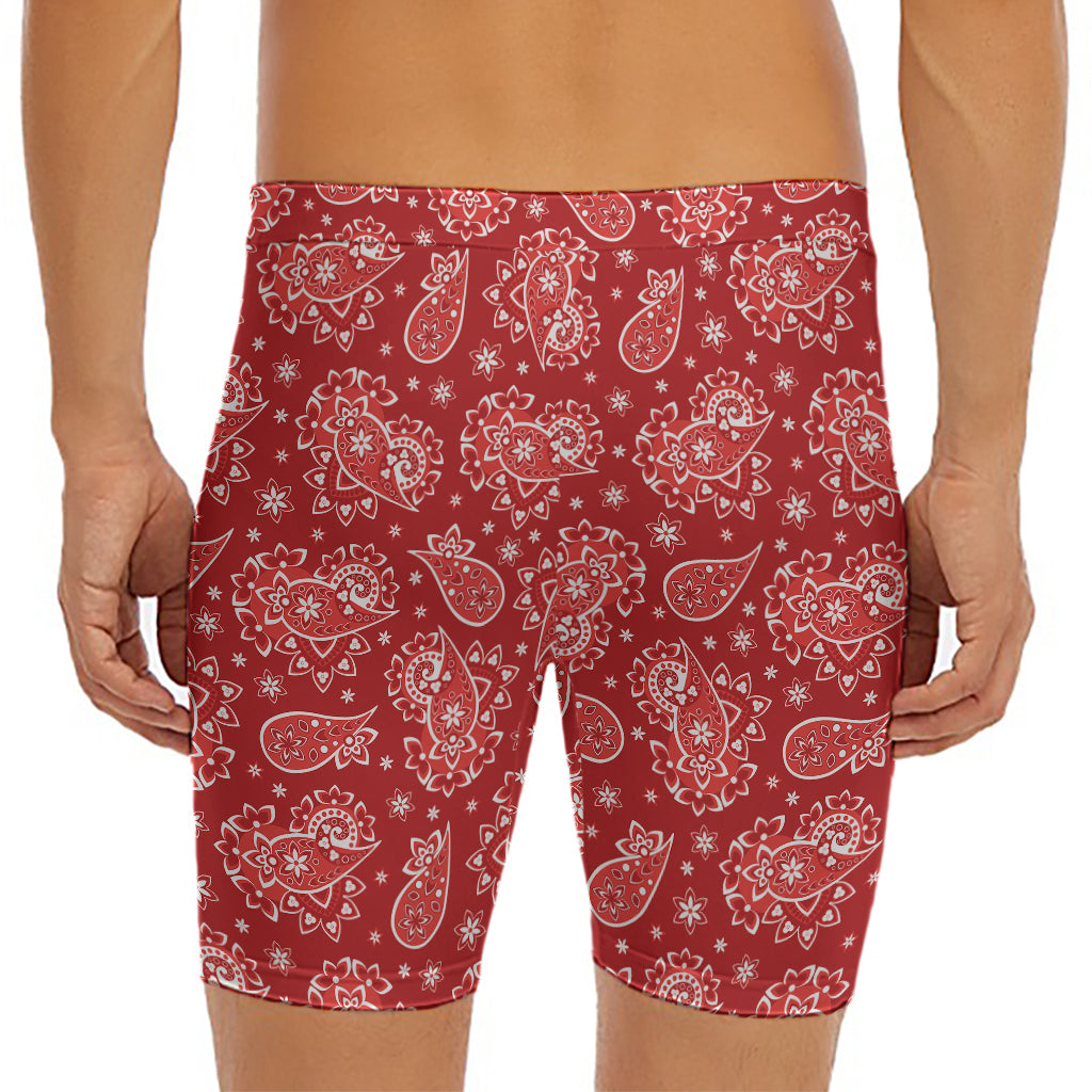Red Paisley Pattern Print Men's Long Boxer Briefs