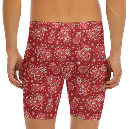 Red Paisley Pattern Print Men's Long Boxer Briefs