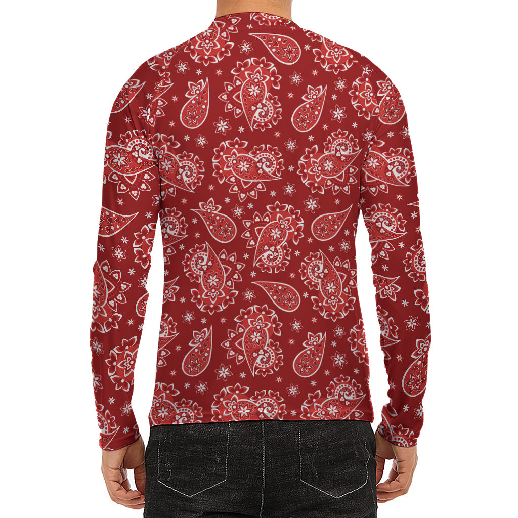 Red Paisley Pattern Print Men's Long Sleeve Rash Guard