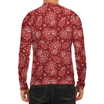 Red Paisley Pattern Print Men's Long Sleeve Rash Guard