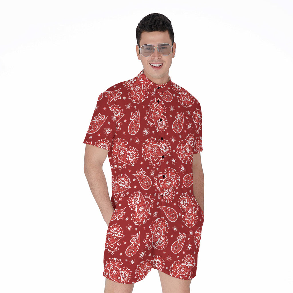 Red Paisley Pattern Print Men's Rompers