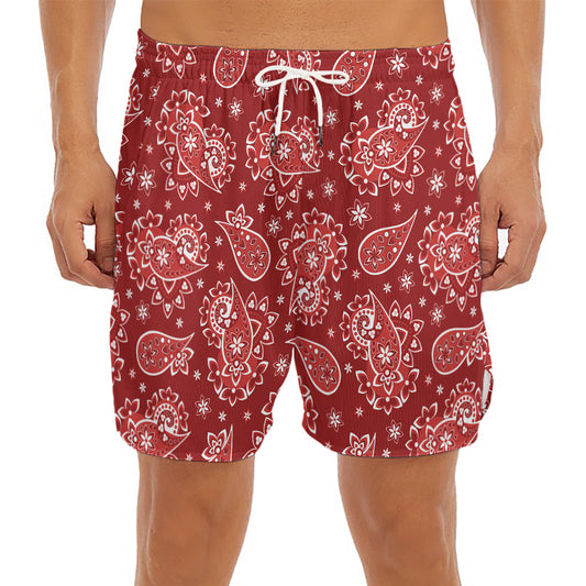 Red Paisley Pattern Print Men's Split Running Shorts