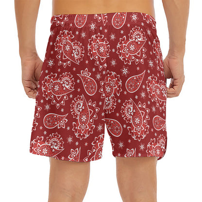 Red Paisley Pattern Print Men's Split Running Shorts