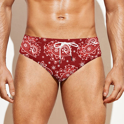Red Paisley Pattern Print Men's Swim Briefs
