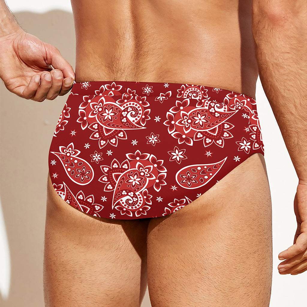 Red Paisley Pattern Print Men's Swim Briefs