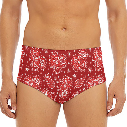 Red Paisley Pattern Print Men's Triangle Swim Briefs