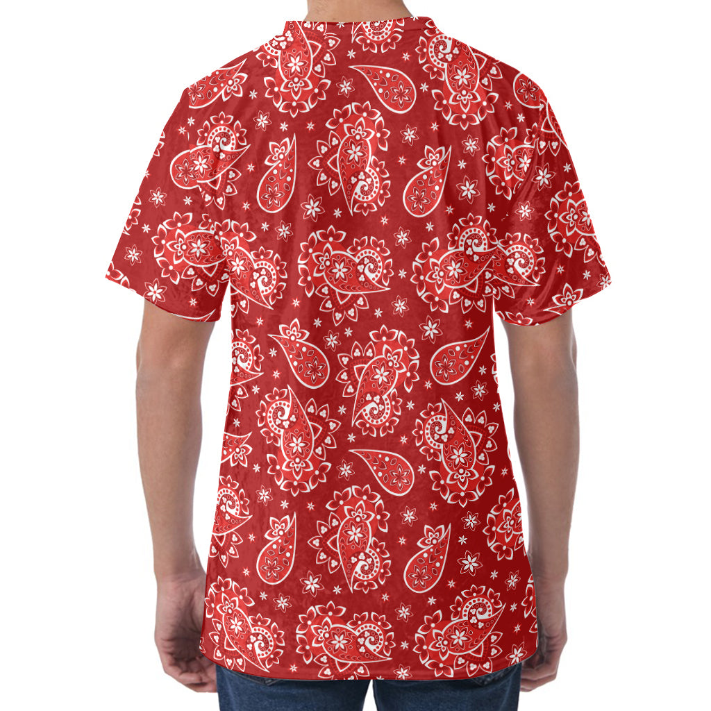 Red Paisley Pattern Print Men's Velvet T-Shirt