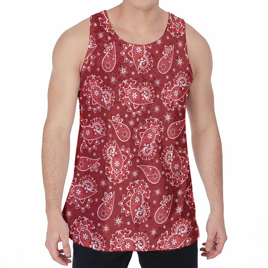 Red Paisley Pattern Print Men's Velvet Tank Top