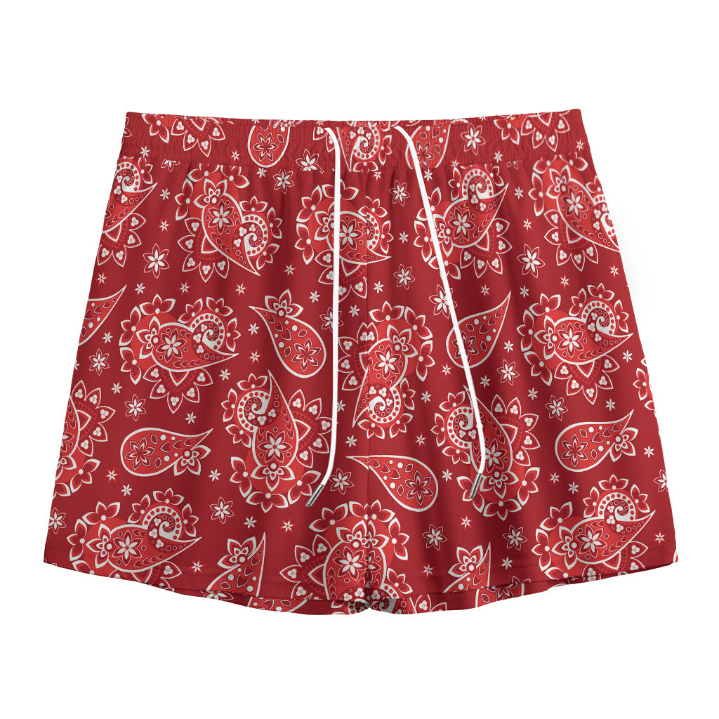 Red Paisley Pattern Print Mesh Shorts