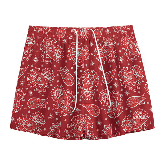 Red Paisley Pattern Print Mesh Shorts