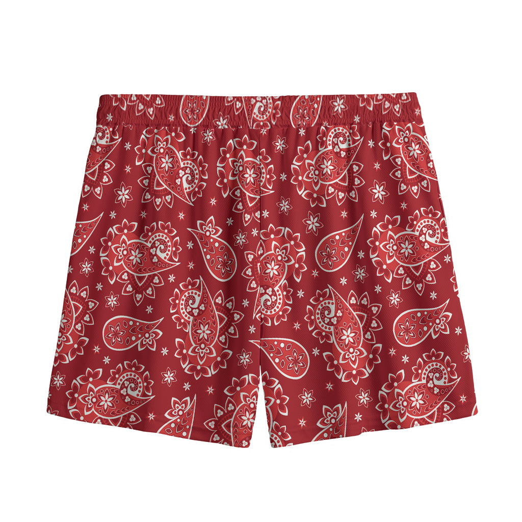 Red Paisley Pattern Print Mesh Shorts
