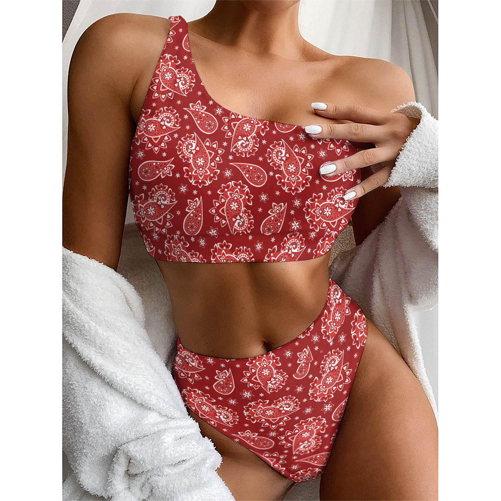 Red Paisley Pattern Print One Shoulder Bikini Top