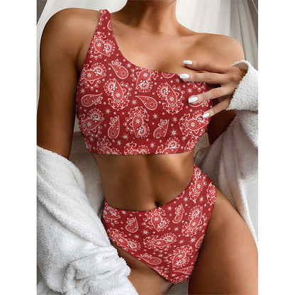 Red Paisley Pattern Print One Shoulder Bikini Top