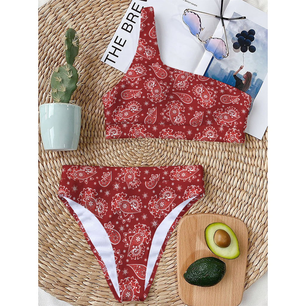 Red Paisley Pattern Print One Shoulder Bikini Top