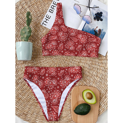Red Paisley Pattern Print One Shoulder Bikini Top