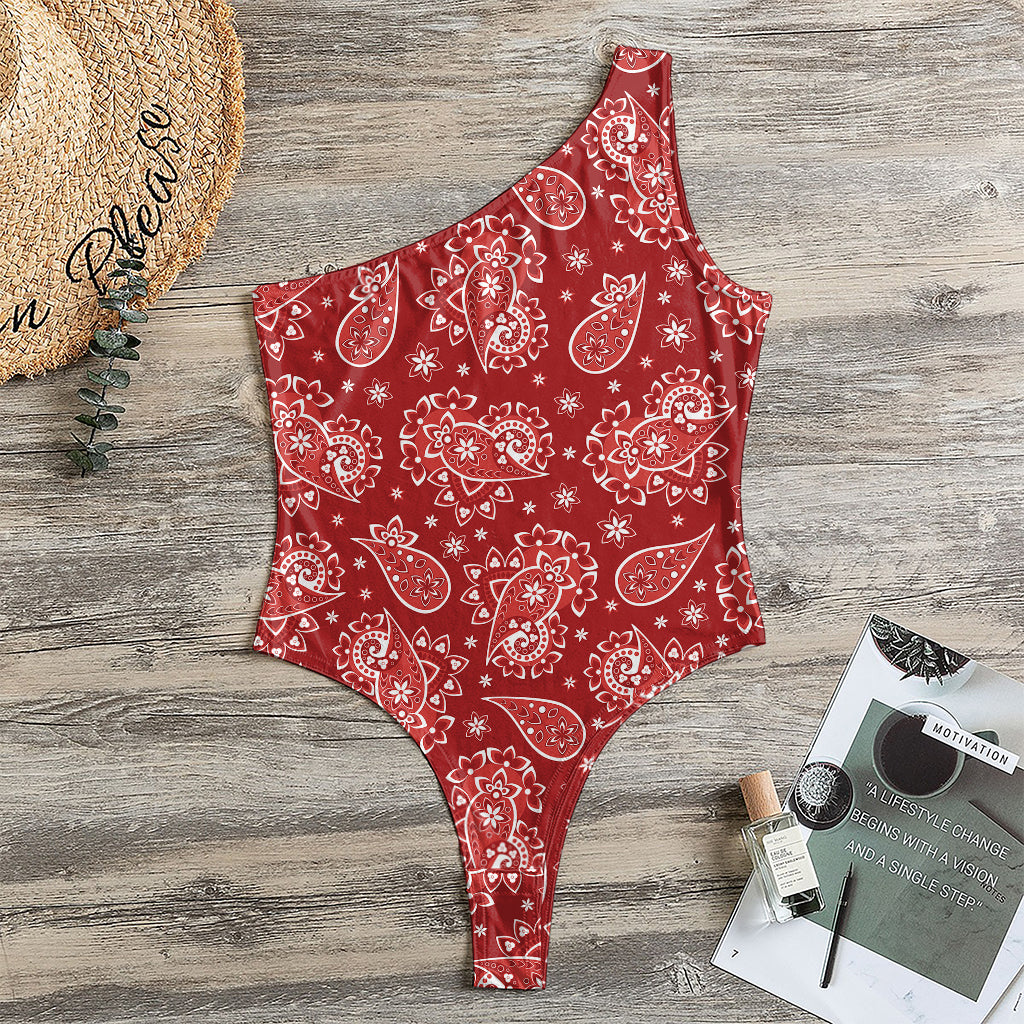 Red Paisley Pattern Print One Shoulder Bodysuit