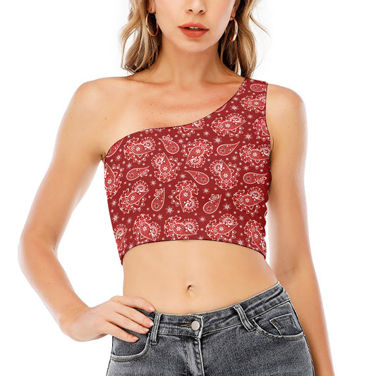 Red Paisley Pattern Print One Shoulder Crop Top