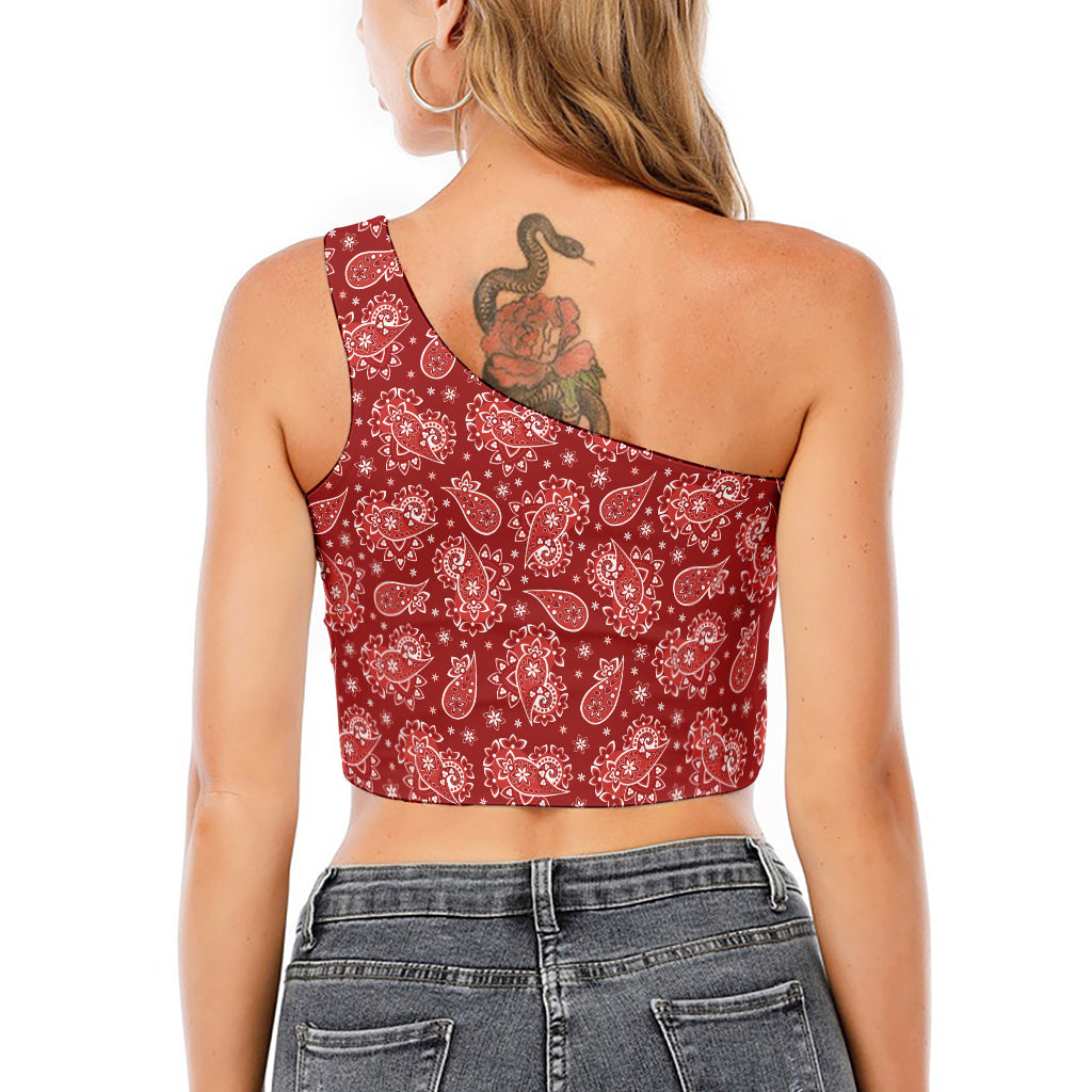 Red Paisley Pattern Print One Shoulder Crop Top