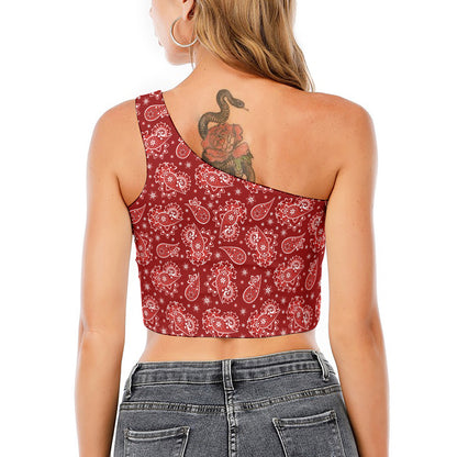 Red Paisley Pattern Print One Shoulder Crop Top