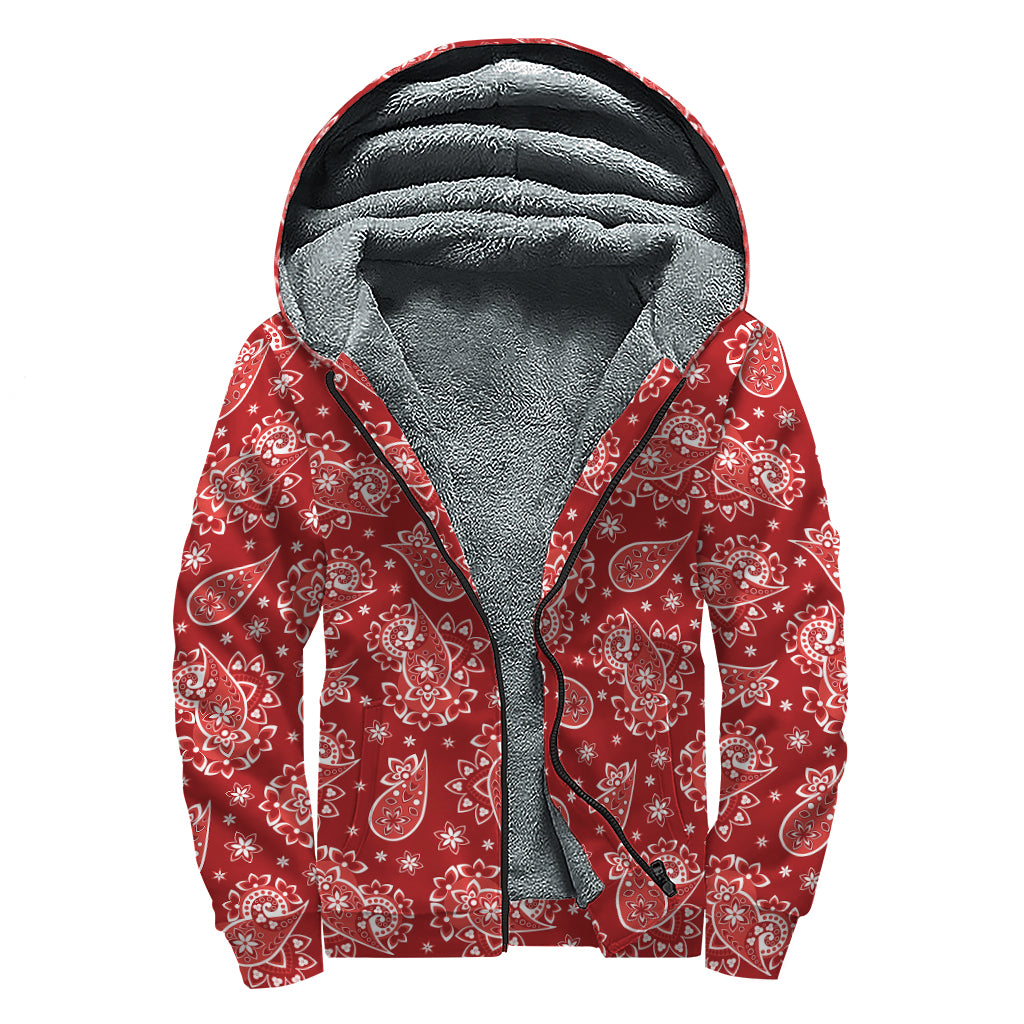 Red Paisley Pattern Print Sherpa Lined Zip Up Hoodie