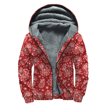 Red Paisley Pattern Print Sherpa Lined Zip Up Hoodie