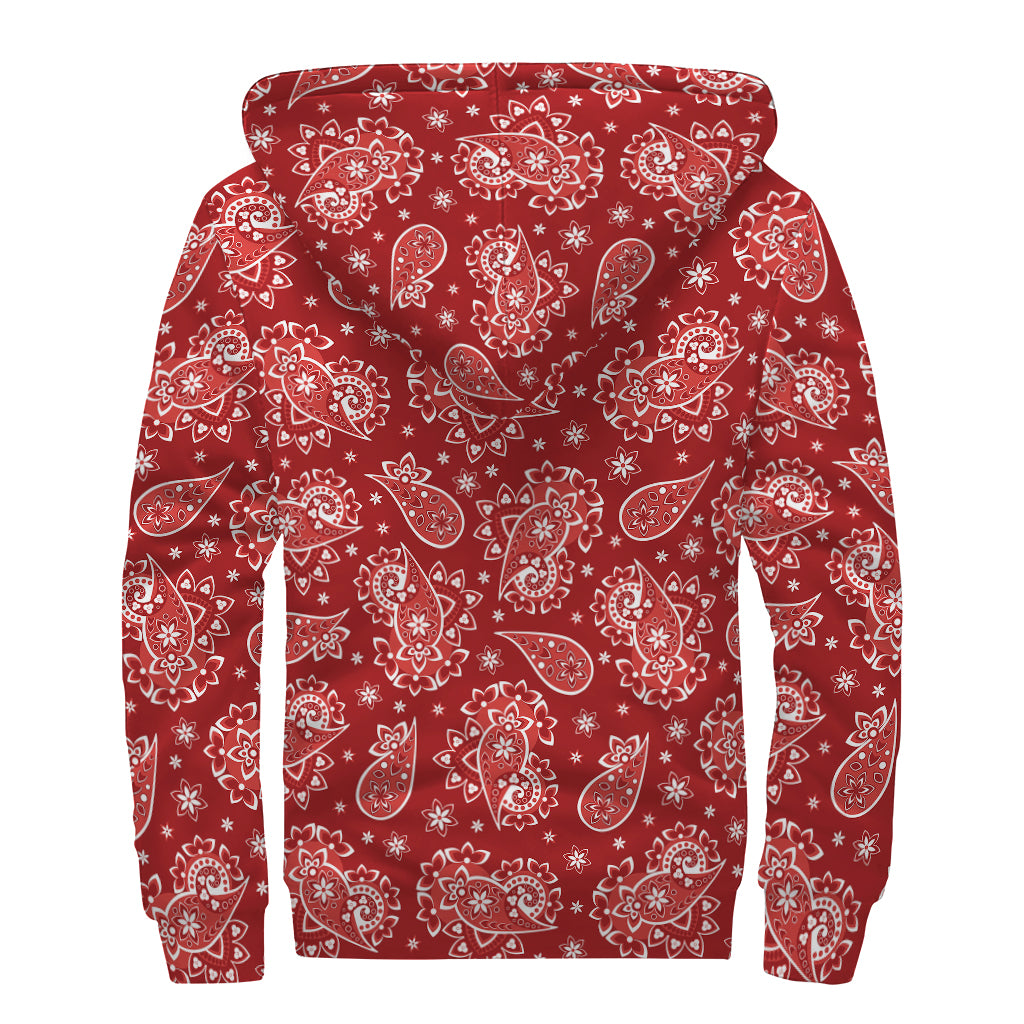 Red Paisley Pattern Print Sherpa Lined Zip Up Hoodie