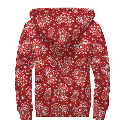 Red Paisley Pattern Print Sherpa Lined Zip Up Hoodie