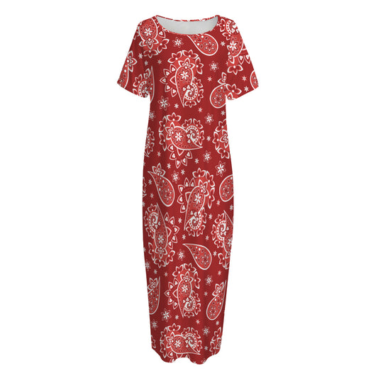 Red Paisley Pattern Print Short Sleeve Long Nightdress