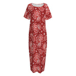 Red Paisley Pattern Print Short Sleeve Long Nightdress