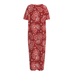 Red Paisley Pattern Print Short Sleeve Long Nightdress