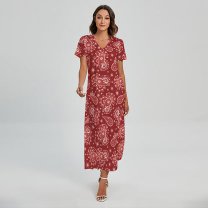 Red Paisley Pattern Print Short Sleeve Maxi Dress