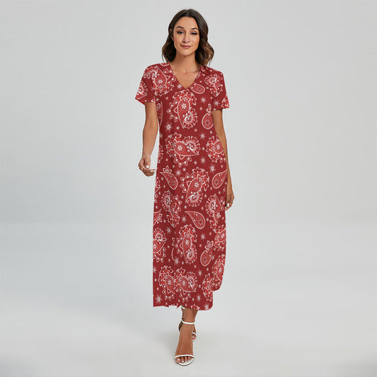 Red Paisley Pattern Print Short Sleeve Maxi Dress