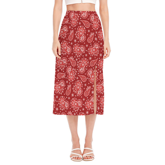 Red Paisley Pattern Print Side Slit Midi Skirt