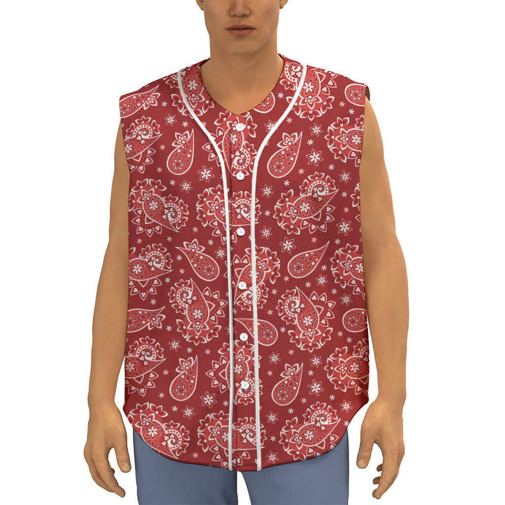 Red Paisley Pattern Print Sleeveless Baseball Jersey