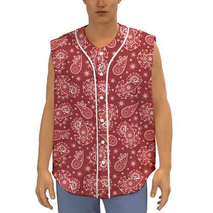 Red Paisley Pattern Print Sleeveless Baseball Jersey