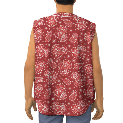 Red Paisley Pattern Print Sleeveless Baseball Jersey