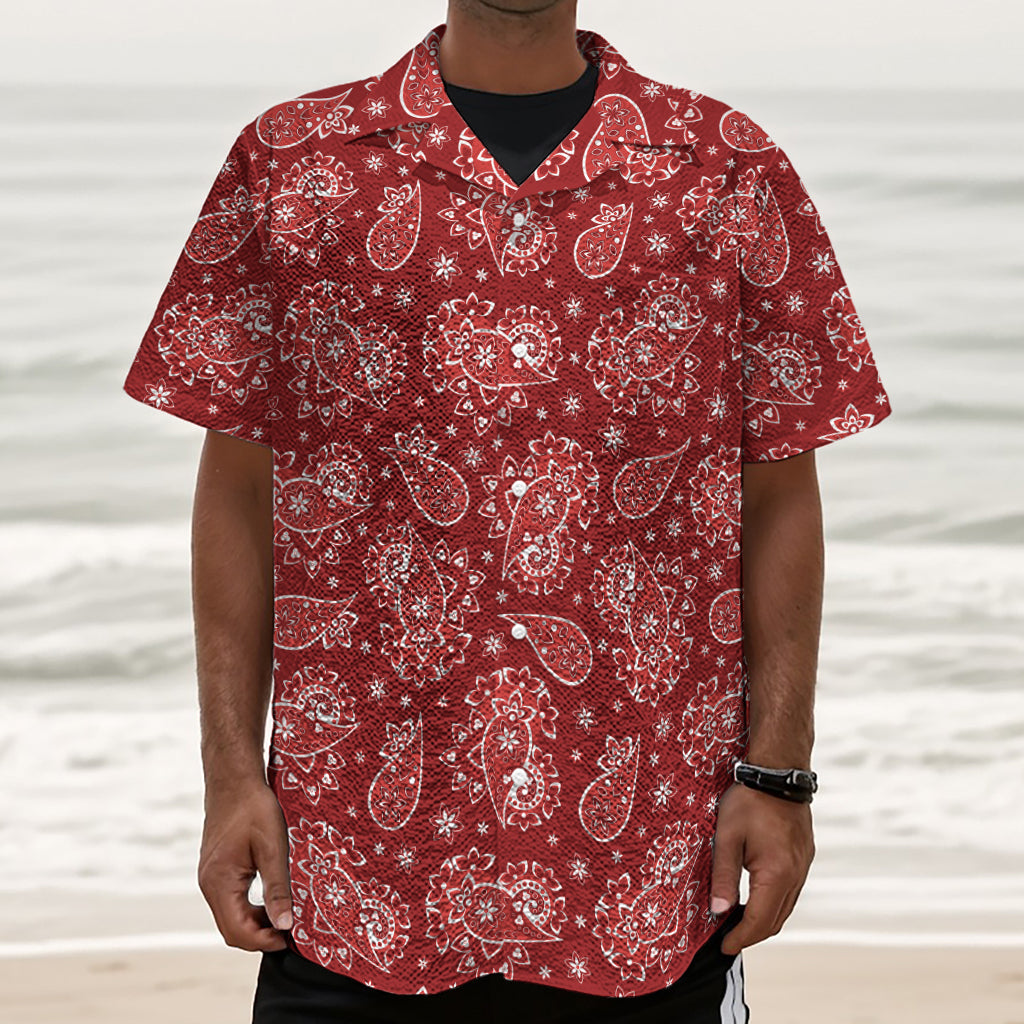 Red Paisley Pattern Print Textured Short Sleeve Shirt