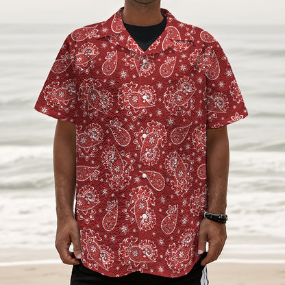 Red Paisley Pattern Print Textured Short Sleeve Shirt