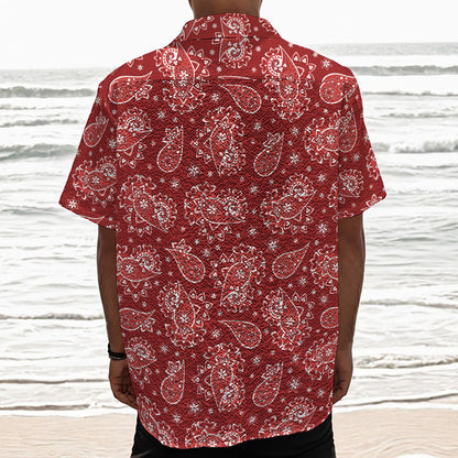 Red Paisley Pattern Print Textured Short Sleeve Shirt