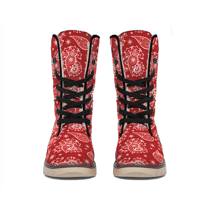 Red Paisley Pattern Print Winter Boots