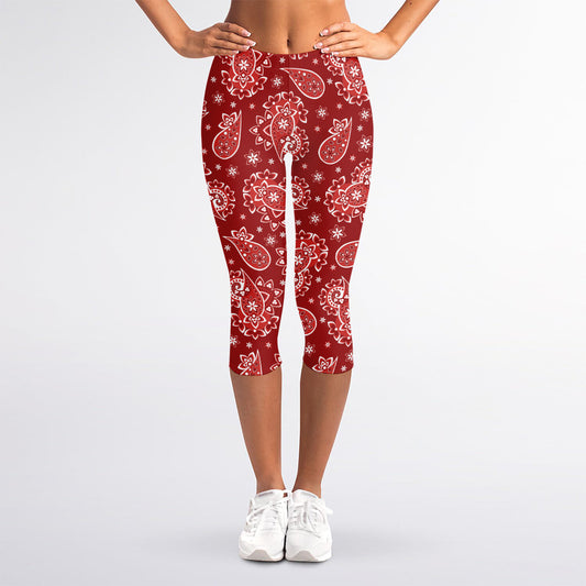Red Paisley Pattern Print Women's Capri Leggings