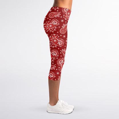 Red Paisley Pattern Print Women's Capri Leggings